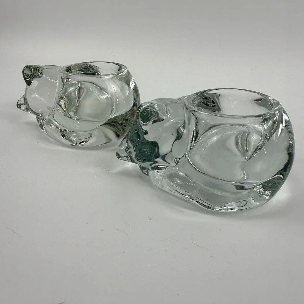 Vintage Indiana Glass Clear Cat Votive Candle Holders Pair